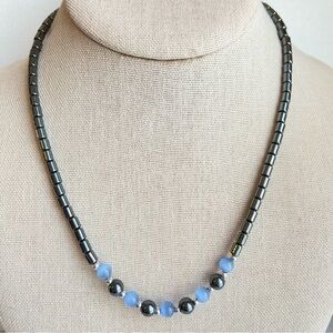 Hematite and periwinkle blue cat’s eye glass dainty beaded necklace barrel clasp